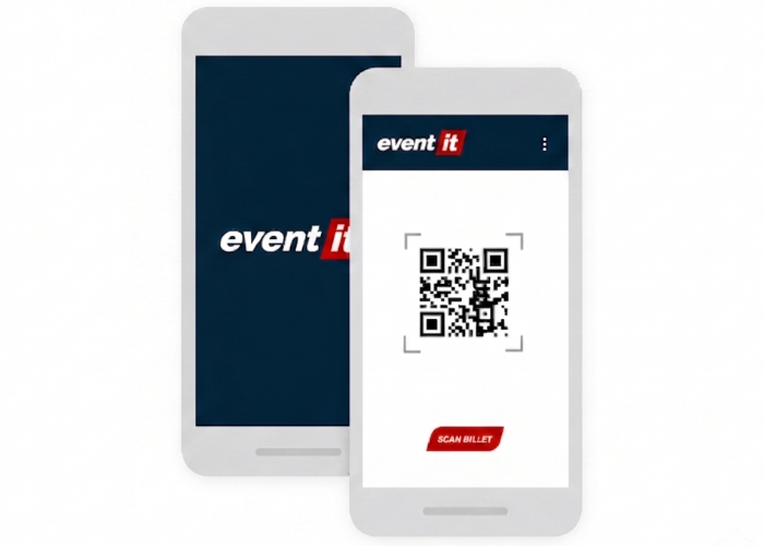 To smartphones med Event IT's web-checkin. Den forreste skærm viser en åben QR-scanner og en 'Scan billet'-knap.