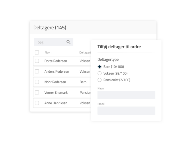 Oversigt over deltagerlisten for et event med en pop-up til at administrere deltagertyper.
