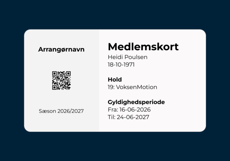 Medlemskort med QR-kode og datafelter til navn, hold og gyldighedsperiode.