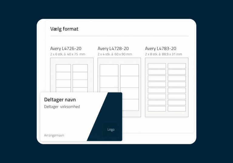 Oversigt over forskellige print formater for navneskilte.