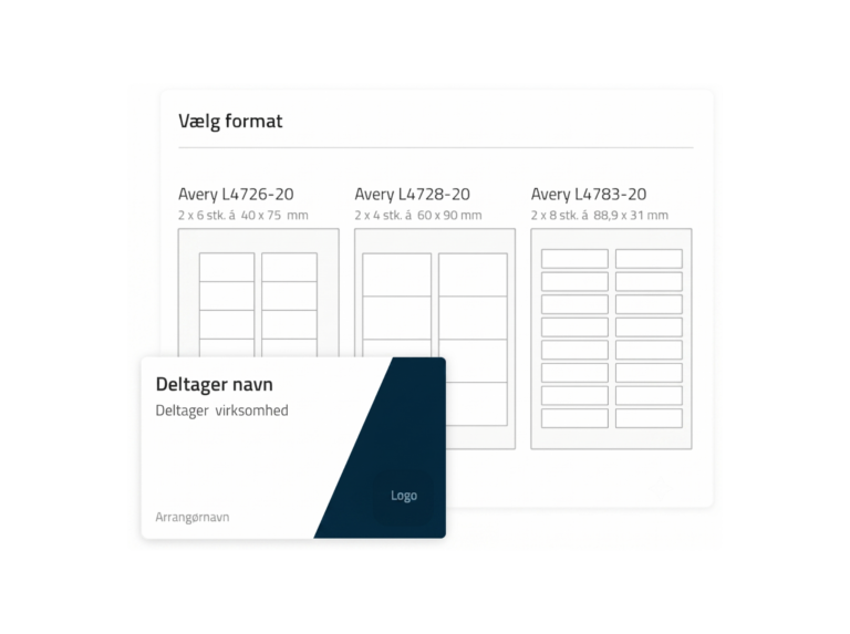 Oversigt over forskellige print formater for navneskilte.