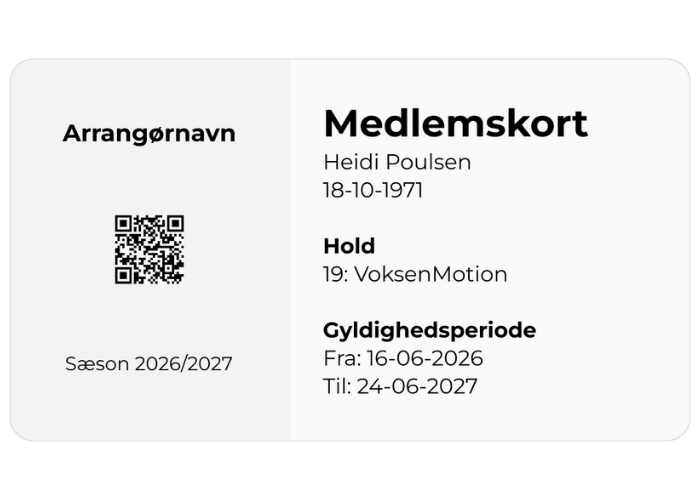 Medlemskort med QR-kode og datafelter til navn, hold og gyldighedsperiode.