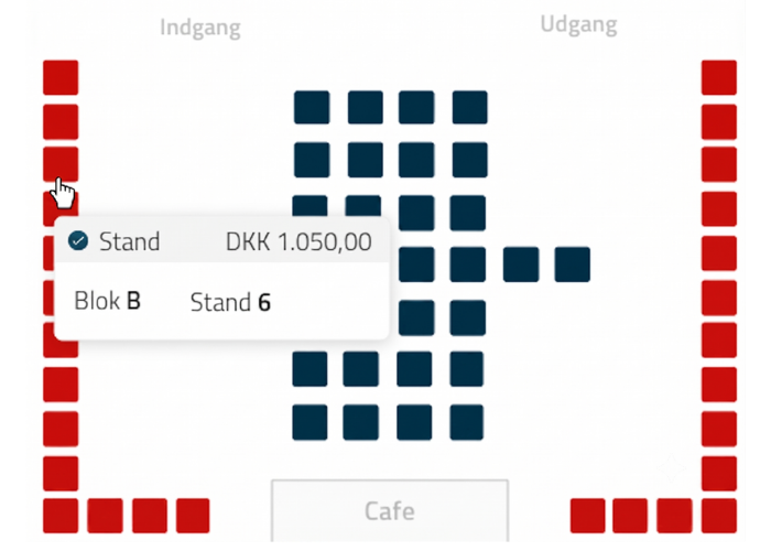 Oversigt over standpladser i en sal med differentierede priser.