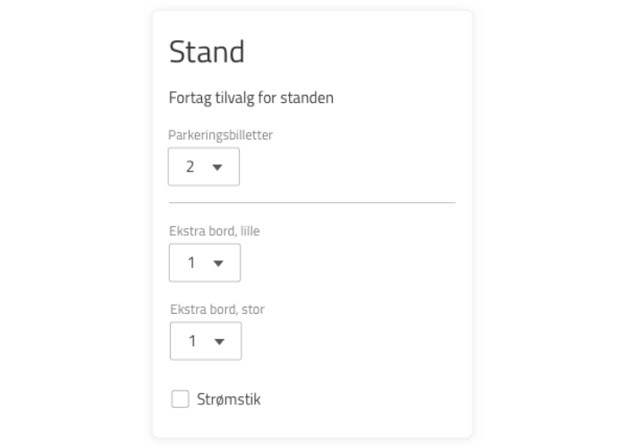 Tilkøbsmodul i tilmeldingsformularen for leje af en stand.