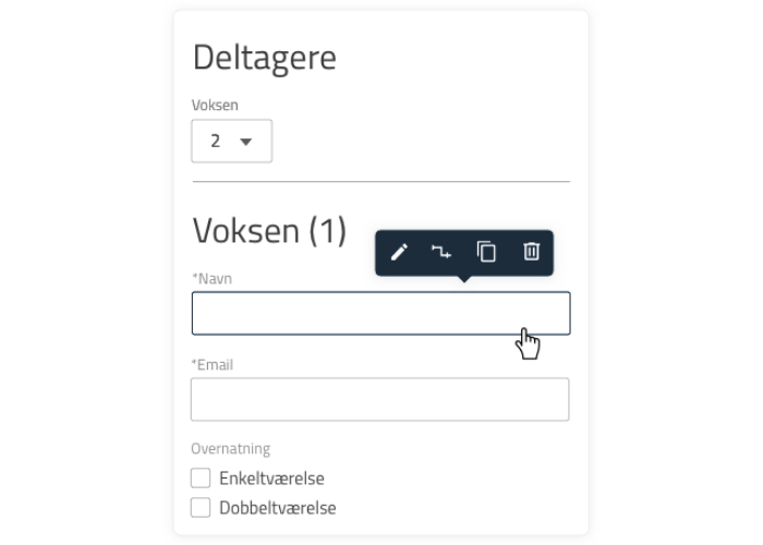 Drag-and-drop tilmeldingsformular med redigerbare felter.